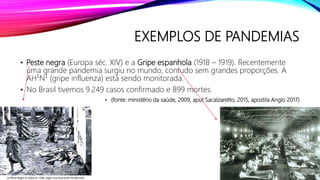 EXEMPLOS DE PANDEMIAS
• Peste negra (Europa séc. XIV) e a Gripe espanhola (1918 – 1919). Recentemente
uma grande pandemia surgiu no mundo, contudo sem grandes proporções. A
AH¹N¹ (gripe influenza) está sendo monitorada.
• No Brasil tivemos 9.249 casos confirmado e 899 mortes.
• (fonte: ministério da saúde, 2009, aput Sacalzaretto, 2015, apostila Anglo 2017)
 