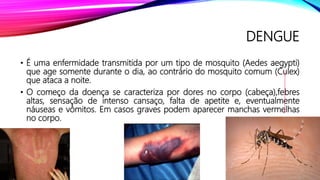 DENGUE
• É uma enfermidade transmitida por um tipo de mosquito (Aedes aegypti)
que age somente durante o dia, ao contrário do mosquito comum (Culex)
que ataca a noite.
• O começo da doença se caracteriza por dores no corpo (cabeça),febres
altas, sensação de intenso cansaço, falta de apetite e, eventualmente
náuseas e vômitos. Em casos graves podem aparecer manchas vermelhas
no corpo.
 