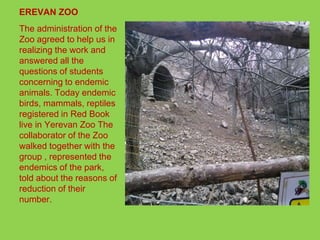 EREVAN ZOO
The administration of the
Zoo agreed to help us in
realizing the work and
answered all the
questions of students
concerning to endemic
animals. Today endemic
birds, mammals, reptiles
registered in Red Book
live in Yerevan Zoo The
collaborator of the Zoo
walked together with the
group , represented the
endemics of the park,
told about the reasons of
reduction of their
number.
 
