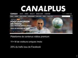 Plateforme de contenus vidéos premium

11+ M de visiteurs uniques /mois

25% du trafic issu de Facebook



                                        7
 