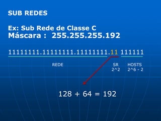 SUB REDESEx: Sub Rede de Classe CMáscara :  255.255.255.19211111111.11111111.11111111.11 111111 SR2^2REDE HOSTS2^6 - 2128 + 64 = 192