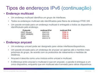 • Endereço multicast
•

Um endereço multicast identifica um grupo de interfaces.

•

Todos os endereços multicast são identificados pela fileira de endereço FF00::0/8

•

Um pacote enviado para um endereço multicast é entregado a todos os dispositivos
identificáveis pelo endereço.
Protocolo
OSPF (Router)
OSPF (DR/BDR)
RIPv2
EIGRP

multicast IPv4
224,0.0,5
224,0.0,6
224,0.0,9
224,0.0,10

multicast IPv6
FF02::5
FF02::6
FF02::9
FF02::A

• Endereço anycast
•

Um endereço unicast pode ser designado para várias interfaces/dispositivos.

•

Um pacote enviado para um endereço de anycast vai apenas até o membro mais
próximos do grupo, de acordo com os protocolos de roteamento e medidas de
distância.

•

Anycast é descrita como uma mistura entre unicast e multicast.

•

A diferença entre anycast e multicast é que em anycast, o pacote é entregue a um
único dispositivo, enquanto que em multicast ele é enviado para vários dispositivos.

© 2013 Cisco e/ou suas afiliadas. Todos os direitos reservados.

Público da Cisco

11

 