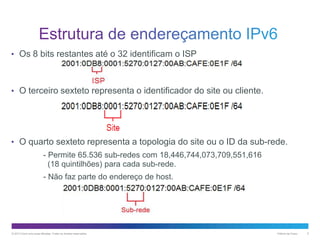 • Os 8 bits restantes até o 32 identificam o ISP

• O terceiro sexteto representa o identificador do site ou cliente.

• O quarto sexteto representa a topologia do site ou o ID da sub-rede.
- Permite 65.536 sub-redes com 18,446,744,073,709,551,616
(18 quintilhões) para cada sub-rede.
- Não faz parte do endereço de host.

© 2013 Cisco e/ou suas afiliadas. Todos os direitos reservados.

Público da Cisco

5

 