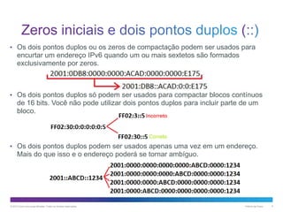 • Os dois pontos duplos ou os zeros de compactação podem ser usados para

encurtar um endereço IPv6 quando um ou mais sextetos são formados
exclusivamente por zeros.

• Os dois pontos duplos só podem ser usados para compactar blocos contínuos

de 16 bits. Você não pode utilizar dois pontos duplos para incluir parte de um
bloco.

• Os dois pontos duplos podem ser usados apenas uma vez em um endereço.

Mais do que isso e o endereço poderá se tornar ambíguo.

© 2013 Cisco e/ou suas afiliadas. Todos os direitos reservados.

Público da Cisco

9

 