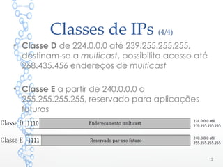 Classes de IPs (4/4)
• Classe D de 224.0.0.0 até 239.255.255.255,
destinam-se a multicast, possibilita acesso até
268.435.456 endereços de multicast
• Classe E a partir de 240.0.0.0 a
255.255.255.255, reservado para aplicações
futuras
12
 