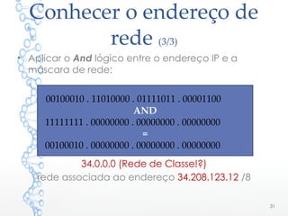 Conhecer o endereço de
rede (3/3)
• Aplicar o And lógico entre o endereço IP e a
máscara de rede:
34 . 0 . 0 . 0
34.0.0.0 (Rede de Classe!?)
rede associada ao endereço 34.208.123.12 /8
31
00100010 . 11010000 . 01111011 . 00001100
AND
11111111 . 00000000 . 00000000 . 00000000
=
00100010 . 00000000 . 00000000 . 00000000
 
