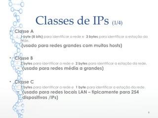 Classes de IPs (1/4)
9
• Classe A
o 1 byte (8 bits) para identificar a rede e 3 bytes para identificar a estação da
rede.
(usado para redes grandes com muitos hosts)
• Classe B
o 2 bytes para identificar a rede e 2 bytes para identificar a estação da rede.
– (usado para redes média a grandes)
• Classe C
o 3 bytes para identificar a rede e 1 byte para identificar a estação da rede.
– (usado para redes locais LAN – tipicamente para 254
dispositivos /IPs)
 