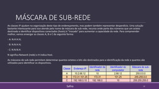 MÁSCARA DE SUB-REDE
As classes IP ajudam na organização deste tipo de endereçamento, mas podem também representar desperdício. Uma solução
bastante interessante para isso atende pelo nome de máscara de sub-rede, recurso onde parte dos números que um octeto
destinado a identificar dispositivos conectados (hosts) é "trocado" para aumentar a capacidade da rede. Para compreender
melhor, vamos enxergar as classes A, B e C da seguinte forma:
- A: N.H.H.H;
- B: N.N.H.H;
- C: N.N.N.H.
N significa Network (rede) e H indica Host.
As máscaras de sub-rede permitem determinar quantos octetos e bits são destinados para a identificação da rede e quantos são
utilizados para identificar os dispositivos.
Classe Endereço IP
Identificador da
rede
Identificador do
computador
Máscara de sub-
rede
A 10.2.68.12 10 2.68.12 255.0.0.0
B 172.31.101.25 172.31 101.25 255.255.0.0
C 192.168.0.10 192.168.0 10 255.255.255.0
12Safira
 
