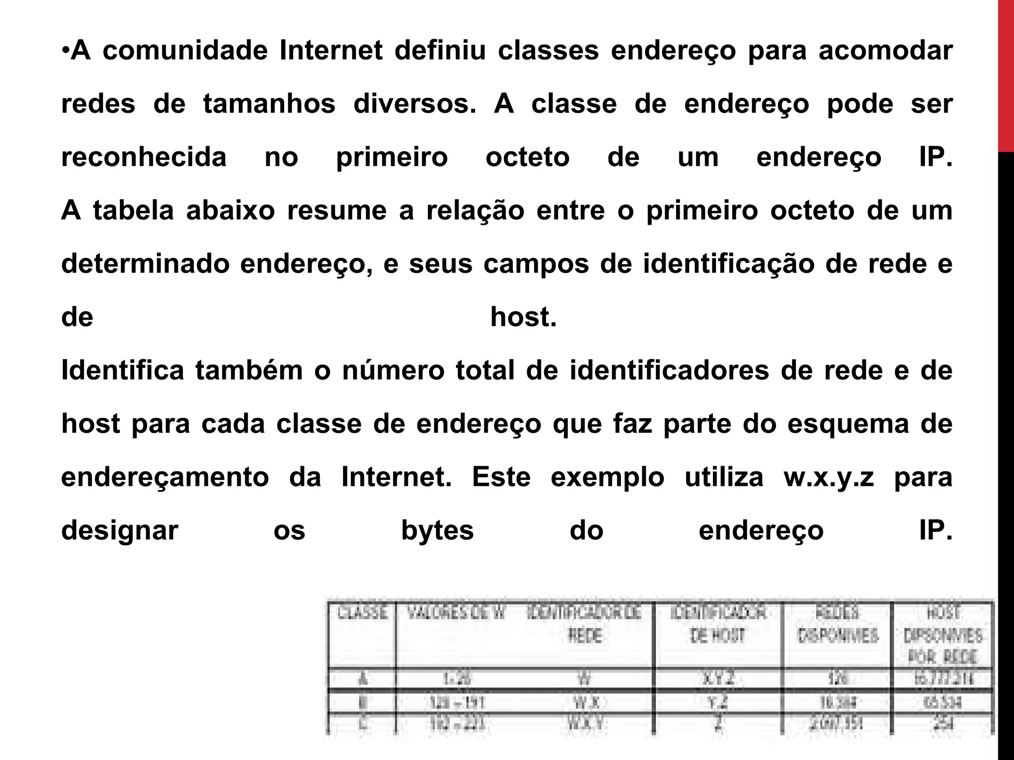 A comunidade Internet definiu classes endereço para acomodar redes de tamanhos diversos. A classe de endereço pode ser reconhecida no primeiro octeto de um endereço IP. A tabela abaixo resume a relação entre o primeiro octeto de um determinado endereço, e seus campos de identificação de rede e de host.  Identifica também o número total de identificadores de rede e de host para cada classe de endereço que faz parte do esquema de endereçamento da Internet. Este exemplo utiliza w.x.y.z para designar os bytes do endereço IP. 