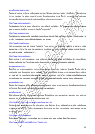 www.leemeuncuento.com
Páxina arxentina onde se poden sacar contos, fábulas, poemas, teatro infantil etc... Ademais dos
contos clásicos hai algún material propio de países desa zona. Tendo en conta, que cada vez
temos máis alumnos/as de alí, quizais póidase utilizar como recurso.

http://www.chicomania.com
Nesta páxina hai uns xogos educativos para infantil moi útiles . Só destacar que a nomenclatura
está un pouco obsoleta xa que aínda din "preescolar".

http://www.pequenet.com
Aquí podemos atopar unha variedade moi extensa de adiviñas , cancións, xogos , trabalinguas ...e
o máis importante é que están clasificadas por temas.

http://wwwbme.es/peques
Hai un apartado que se chama "gardaría " que como vos podedes imaxinar é para os máis
pequenos , e hai unha serie de puntos moi prácticos como son consellos iniciais, xogos lóxicos ,
aprendo a contar , o abecedario ...

http://www.chicomania.com
Esta páxina é moi interesante, nela podemos atopar diferentes actividades de matemáticas,
lectura, debuxos, etc. Tamén se poden facer socios, e facer partícipes aos pais/nais.

www.pequecam.com
Está feita por uns compañeiros moi currantes do cep de arévalo, moi preto de avila. É unha páxina
moi bonita pola decoración e moi variada. Ten a posibilidade de que os nenos aprendan a utilizar
un chat. Alí na zona hai moitas escolas rurais e os nenos non teñen moitas posibilidades para
comunicarse con outros da súa idade. Esta é unha das razóns polas que se creou esta páxina.

www.coloriez.com
Páxina francesa que é moi útil para sacar debuxos de todos os personaxes de debuxos animados
coñecidos. Ten tamén outros recursos para manualidades.

www.hossa.net
Moi útil para debuxos de diversas temáticas. Esta última creo que está en alemán, pero se imos
picando por aí pois até aprendemos idiomas e todo.

http://centros1.pntic.mec.é/cra.os.fresnos/recursos.htm
Nesta páxina, atoparás recursos educativos das distintas áreas elaborados na súa maioría por
profesores do C.R.A. Podes descargalos libremente ao teu computador. Aos poucos vanse
engadindo máis.

http://www.mundopeke.com/
Esta páxina visítoa con frecuencia e sempre atopo algo para motivar ás miñas peques.

http://www.angelfire.com/alt/fmoren17/index.htm

                                                                                              10
 
