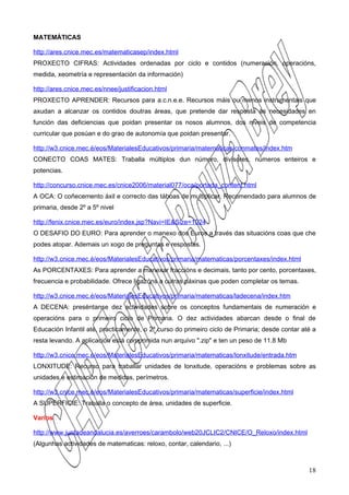 MATEMÁTICAS

http://ares.cnice.mec.es/matematicasep/index.html
PROXECTO CIFRAS: Actividades ordenadas por ciclo e contidos (numeración, operacións,
medida, xeometría e representación da información)

http://ares.cnice.mec.es/nnee/justificacion.html
PROXECTO APRENDER: Recursos para a.c.n.e.e. Recursos máis ou menos instrumentais que
axudan a alcanzar os contidos doutras áreas, que pretende dar resposta ás necesidades en
función das deficiencias que poidan presentar os nosos alumnos, dos niveis de competencia
curricular que posúan e do grao de autonomía que poidan presentar.

http://w3.cnice.mec.é/eos/MaterialesEducativos/primaria/matematicas/conmates/index.htm
CONECTO COAS MATES: Traballa múltiplos dun número, divisores, números enteiros e
potencias.

http://concurso.cnice.mec.es/cnice2006/material077/oca/portada_content.html
A OCA: O coñecemento áxil e correcto das táboas de multiplicar. Recomendado para alumnos de
primaria, desde 2º a 5º nivel

http://fenix.cnice.mec.es/euro/index.jsp?Navi=IE&Size=1024
O DESAFIO DO EURO: Para aprender o manexo dos Euros a través das situacións coas que che
podes atopar. Ademais un xogo de preguntas e respostas.

http://w3.cnice.mec.é/eos/MaterialesEducativos/primaria/matematicas/porcentaxes/index.html
As PORCENTAXES: Para aprender a manexar fraccións e decimais, tanto por cento, porcentaxes,
frecuencia e probabilidade. Ofrece ligazóns a outras páxinas que poden completar os temas.

http://w3.cnice.mec.é/eos/MaterialesEducativos/primaria/matematicas/ladecena/index.htm
A DECENA: preséntanse dez actividades sobre os conceptos fundamentais de numeración e
operacións para o primeiro ciclo de Primaria. O dez actividades abarcan desde o final de
Educación Infantil até, practicamente, o 2º curso do primeiro ciclo de Primaria; desde contar até a
resta levando. A aplicación está comprimida nun arquivo ".zip" e ten un peso de 11.8 Mb

http://w3.cnice.mec.é/eos/MaterialesEducativos/primaria/matematicas/lonxitude/entrada.htm
LONXITUDE: Recurso para traballar unidades de lonxitude, operacións e problemas sobre as
unidades e estimación de medidas, perímetros.

http://w3.cnice.mec.é/eos/MaterialesEducativos/primaria/matematicas/superficie/index.html
A SUPERFICIE: Traballa o concepto de área, unidades de superficie.

Varios

http://www.juntadeandalucia.es/averroes/carambolo/web20JCLIC2/CNICE/O_Reloxo/index.html
(Algunhas actividades de matematicas: reloxo, contar, calendario, ...)



                                                                                                18
 