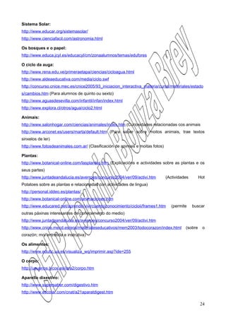 Sistema Solar:
http://www.educar.org/sistemasolar/
http://www.cienciafacil.com/astronomia.html

Os bosques e o papel:
http://www.educa.jcyl.es/educacyl/cm/zonaalumnos/temas/edufores

O ciclo da auga:
http://www.rena.edu.ve/primeraetapa/ciencias/cicloagua.html
http://www.aldeaeducativa.com/media/ciclo.swf
http://concurso.cnice.mec.es/cnice2005/93_iniciacion_interactiva_materia/curso/materiales/estado
s/cambios.htm (Para alumnos de quinto ou sexto)
http://www.aguasdesevilla.com/infantil/infan/index.html
http://www.explora.cl/otros/agua/ciclo2.html

Animais:
http://www.salonhogar.com/ciencias/animales/index.htm (Curiosidades relacionadas cos animais
http://www.arconet.es/users/marta/default.htm (Para saber sobre moitos animais, trae textos
sinxelos de ler)
http://www.fotosdeanimales.com.ar/ (Clasificación de animais e moitas fotos)

Plantas:
http://www.botanical-online.com/lasplantas.htm (Explicacións e actividades sobre as plantas e os
seus partes)
http://www.juntadeandalucia.es/averroes/concurso2004/ver/09/activi.htm         (Actividades       Hot
Potatoes sobre as plantas e relacionadas con actividades de lingua)
http://personal.iddeo.es/plantas/
http://www.botanical-online.com/animaciones.htm
http://www.educared.net/aprende/vivircuento/conocimiento/cicloii/frames1.htm      (permite    buscar
outras páxinas interesantes de coñecemento do medio)
http://www.juntadeandalucia.es/averroes/concurso2004/ver/09/activi.htm
http://www.cnice.mecd.es/eos/materialeseducativos/mem2003/todocorazon/index.html         (sobre    o
corazón; moi entretida e instrutiva)

Os alimentos:
http://www.edutic.ua.es/visualiza_wq/imprimir.asp?ide=255

O corpo:
http://usuarios.lycos.es/isra2/corpo.htm

Aparello dixestivo:
http://www.supersaber.com/digestivo.htm
http://www.escolar.com/cnat/a21aparatdigest.htm

                                                                                                  24
 