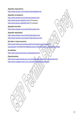 Aparello respiratorio:
http://www.escolar.com/cnat/a21aparatdigest.htm

Aparello circulatorio:
http://www.escolar.com/cnat/10circulacion.htm
http://www.bscan.org/kids1.html (O sangue)
http://www.bscan.org/kids2.html (O sangue)

Aparello excretor:
http://www.escolar.com/cnat/a19excretran.htm

Aparello reprodutor:
http://www.escolar.com/cnat/a10reprodsex.htm
http://www.escolar.com/cnat/a13reproduccion.htm

De todo o corpo humano:
http://www.educa.jcyl.es/educacyl/cm/zonaalumnos/tkcontent?
páxinaseed=1274250745128&idContent=44223&locale=é_É&textOnly=false

As plantas:
http://www.botanical-online.com/lasplantas.htm

Experimentos:
http://www.experimentar.gov.ar/newexperi/planetatierra/homeplaneta.htm
http://www.colegionumen.com.ar/webchicos/atomo/index.htm




                                                                         25
 