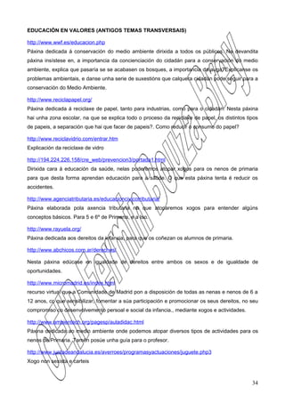 EDUCACIÓN EN VALORES (ANTIGOS TEMAS TRANSVERSAIS)

http://www.wwf.es/educacion.php
Páxina dedicada á conservación do medio ambiente dirixida a todos os públicos. Na devandita
páxina insístese en, a importancia da concienciación do cidadán para a conservación do medio
ambiente, explica que pasaría se se acabasen os bosques, a importancia da auga?Explícanse os
problemas ambientais, e danse unha serie de suxestións que calquera cidadán pode seguir para a
conservación do Medio Ambiente.

http://www.reciclapapel.org/
Páxina dedicada á reciclaxe de papel, tanto para industrias, como para o cidadán. Nesta páxina
hai unha zona escolar, na que se explica todo o proceso da reciclaxe de papel, os distintos tipos
de papeis, a separación que hai que facer de papeis?. Como reducir o consumo do papel?

http://www.reciclavidrio.com/entrar.htm
Explicación da reciclaxe de vidro

http://194.224.226.158/cre_web/prevencion3/portada1.html
Dirixida cara á educación da saúde, nelas poderemos atopar xogos para os nenos de primaria
para que desta forma aprendan educación para a saúde. O que esta páxina tenta é reducir os
accidentes.

http://www.agenciatributaria.es/educacioncivicotributaria/
Páxina elaborada pola axencia tributaria na que atoparemos xogos para entender algúns
conceptos básicos. Para 5 e 6º de Primaria, e a Iso.

http://www.rayuela.org/
Páxina dedicada aos dereitos da infancia, para que os coñezan os alumnos de primaria.

http://www.abchicos.com.ar/derechos/

Nesta páxina edúcase en igualdade de dereitos entre ambos os sexos e de igualdade de
oportunidades.

http://www.micromadrid.es/index.html
recurso virtual que a Comunidade de Madrid pon a disposición de todas as nenas e nenos de 6 a
12 anos, co que sensibilizar, fomentar a súa participación e promocionar os seus dereitos, no seu
compromiso co desenvolvemento persoal e social da infancia., mediante xogos e actividades.

http://www.ambientech.org/pagesp/auladidac.html
Páxina dedicada ao medio ambiente onde podemos atopar diversos tipos de actividades para os
nenos de Primaria. Tamén posúe unha guía para o profesor.

http://www.juntadeandalucia.es/averroes/programasyactuaciones/juguete.php3
Xogo non sexista e carteis



                                                                                              34
 