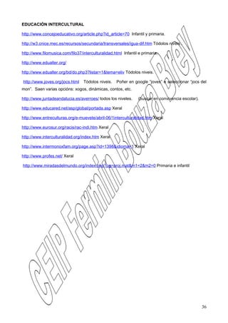 EDUCACIÓN INTERCULTURAL

http://www.concejoeducativo.org/article.php?id_article=70 Infantil y primaria.

http://w3.cnice.mec.es/recursos/secundaria/transversales/igua-dif.htm Tódolos niveis .

http://www.filomusica.com/filo37/interculturalidad.html Infantil e primaria.

http://www.edualter.org/

http://www.edualter.org/bd/do.php3?listar=1&tema=eliv Tódolos niveis.

http://www.joves.org/jocs.html    Tódolos niveis.   Poñer en google ”joves” e seleccionar “jocs del
mon”. Saen varias opcións: xogos, dinámicas, contos, etc.

http://www.juntadeandalucia.es/averroes/ todos los niveles.      (buscar en convivencia escolar).

http://www.educared.net/asp/global/portada.asp Xeral

http://www.entreculturas.org/e-muevete/abril-06/1interculturalidad.htm Xeral

http://www.eurosur.org/racis/rac-indi.htm Xeral

http://www.interculturalidad.org/index.htm Xeral

http://www.intermonoxfam.org/page.asp?id=1398&idioma=1 Xeral

http://www.profes.net/ Xeral

http://www.miradasdelmundo.org/index.php?pg=proj.mat&m1=2&m2=0 Primaria e infantil




                                                                                                    36
 