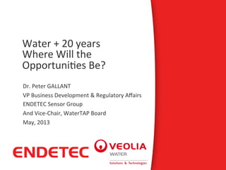 Water	
  +	
  20	
  years	
  
Where	
  Will	
  the	
  
Opportuni4es	
  Be?	
  
	
  	
  
Dr.	
  Peter	
  GALLANT	
  
VP	
  Business	
  Development	
  &	
  Regulatory	
  Aﬀairs	
  
ENDETEC	
  Sensor	
  Group	
  
And	
  Vice-­‐Chair,	
  WaterTAP	
  Board	
  
May,	
  2013	
  
	
  
	
  
	
  
	
  
 