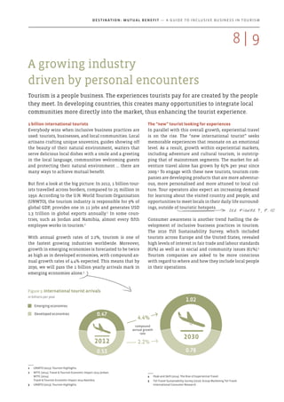 1 billion international tourists
Everybody wins when inclusive business practices are
used: tourists, businesses, and local communities. Local
artisans crafting unique souvenirs, guides showing off
the beauty of their natural environment, waiters that
serve delicious local dishes with a smile and a greeting
in the local language, communities welcoming guests
and protecting their natural environment … there are
many ways to achieve mutual benefit.
But first a look at the big picture: In 2012, 1 billion tour-
ists travelled across borders, compared to 25 million in
1950. According to the U.N. World Tourism Organisation
(UNWTO), the tourism industry is responsible for 9% of
global GDP, provides one in 11 jobs and generates USD
1.3 trillion in global exports annually.1
In some coun-
tries, such as Jordan and Namibia, almost every fifth
employee works in tourism.2
With annual growth rates of 2.2%, tourism is one of
the fastest growing industries worldwide. Moreover,
growth in emerging economies is forecasted to be twice
as high as in developed economies, with compound an-
nual growth rates of 4.4% expected. This means that by
2030, we will pass the 1 billion yearly arrivals mark in
emerging economies alone.3
1	 UNWTO (2013). Tourism Highlights.
2	 WTTC (2014). Travel & Tourism Economic Impact 2014 Jordan;
WTTC (2014).
Travel & Tourism Economic Impact 2014 Namibia.
3	 UNWTO (2013). Tourism Highlights.
The “new” tourist looking for experiences
In parallel with this overall growth, experiential travel
is on the rise. The “new international tourist” seeks
memorable experiences that resonate on an emotional
level. As a result, growth within experiential markets,
including adventure and cultural tourism, is outstrip-
ping that of mainstream segments. The market for ad-
venture travel alone has grown by 65% per year since
2009.4
To engage with these new tourists, tourism com-
panies are developing products that are more adventur-
ous, more personalised and more attuned to local cul-
ture. Tour operators also expect an increasing demand
for learning about the visited country and people, and
opportunities to meet locals in their daily life surround-
ings, outside of touristic hotspots.
Consumer awareness is another trend fuelling the de-
velopment of inclusive business practices in tourism.
The 2010 TUI Sustainability Survey, which included
tourists across Europe and the United States, revealed
high levels of interest in fair trade and labour standards
(62%) as well as in social and community issues (61%).5
Tourism companies are asked to be more conscious
with regard to where and how they include local people
in their operations.
4	 Peak and Skift (2014). The Rise of Experiential Travel.
5	 TUI Travel Sustainability Survey (2010). Group Marketing TUI Travel.
International Consumer Research.
A growing industry
driven by personal encounters
Tourism is a people business. The experiences tourists pay for are created by the people
they meet. In developing countries, this creates many opportunities to integrate local
communities more directly into the market, thus enhancing the tourist experience.
Figure 3: International tourist arrivals
in billions per year
p  Emerging economies
p  Developed economies
2012
2030
0.47
0.53
1.02
0.78
compound
annual growth
rate
4.4%
2.2%
See Figure 4, p. 10
998 |
Destination: Mutual Benefit — A GUIDE TO INCLUSIVE BUSINESS IN TOURISM
 