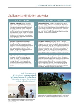 Made Sumasa explains,
“We do not want to overexploit crab
cultivation, because it is our backbone.
Without the kerambas, the restaurant
business will not sustain itself.”
In addition to crabs, fishers at Kampoeng Kepiting catch fish to diversify
their income and avoid the overexploitation of the natural crab stock.
Made Sumasa, member of the Wanasari Fishermen Association
is one of the leading forces behind the ecotourism project
Kampoeng Kepiting.
Challenges and solution strategies
Challenges Solution strategies
Community acceptance: The crab cultivation
method using pens (kerambas) was unfamiliar
to the fishermen of Wanasari village. It differed
from the traditional method of setting up traps
and waiting for the crabs to enter them. Even
though this trap-based method is unpredictable
and often ineffective, fishermen have been relying
on this method for decades. Setting up a new pen
costs approximately USD 600, which is not cheap
for the fishermen. Though more sustainable and
productive, this new method was not immediately
accepted by all fishermen.
Demonstration project: In an effort to lower financial barriers
to the new method, Made Sumasa and some early adopters used
a portion of the CSR funding to purchase one ton of crab seeds.
This initial batch generated 500 kilograms of crab and substantial
revenue for the early adopters. These proven results, combined
with further training and group discussions by Made Sumasa
over seven months, resulted in widespread adoption of the new
method by the entire fishing community.
Overexploitation of natural resources: Now
showing promising results, the new method
of crab cultivation has increased the threat of
overfishing. “Seeing that the method is successful
and the restaurant business is thriving, we can
easily exceed the weekly harvesting limit by
accepting all guests that come to the restaurant
to make big profits,” says Made Sumasa.
Strict fishing limitations: Despite high demand, Kampoeng
Kepiting sets a strict crab limit of 25 kilograms per day. Should the
restaurant reach that limit by, for example, 3 pm, the management
closes the restaurant. Today, the majority of fishermen in the area
rely on the kerambas for their living. Made Sumasa encourages
them to fish in the open water nonetheless, in part to supply the
restaurant with the fish they catch, but also to gather smaller
fish to feed the crabs. This helps fishermen diversify their income
sources and diminishes the risk of overreliance on crab revenues.
Lack of skills and experience: Each of the
restaurant’s 30 employees, including cooks,
waiters and cashiers, are members of fishing
families. Employing locals posed a major
challenge during the initiation phase of the
business because the majority of them had no
previous experience in culinary services or retail
business.
Internal and external training: To address this issue, Made
Sumasa’s wife, who had received cooking training from several
hotel chefs, began training the cooks herself. The cooks developed
the menu as a team by building on their families’ recipes.
The enterprise also organises weekly trainings in hospitality
and tourism services, partnering with a local hotel, Patra Jasa,
which is a subsidiary of the company providing CSR funding to
the enterprise. The training includes skills in welcoming guests,
serving food, handling complaints and basic English.
Kampoeng Kepiting Ekowisata Bali — Indonesia
 