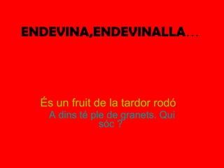 ENDEVINA,ENDEVINALLA … És un fruit de la tardor rodó .  A dins té ple de granets. Qui sóc ?  