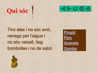 Qui sóc

Tinc ales i no sóc avió,
                           Pingüí
navego per l’aigua i       Peix
no sóc vaixell, faig  ...