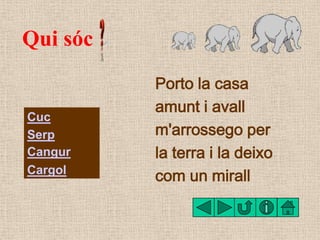 Qui sóc
          Porto la casa
          amunt i avall
Cuc
Serp      m'arrossego per
Cangur    la terra i la deixo
Cargol...