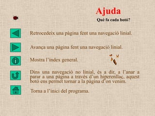 Ajuda
                                Què fa cada botó?


Retrocedeix una pàgina fent una navegació linial.

Avança una pà...