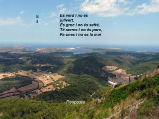 E
s
Es verd i no és
julivert,
És groc i no és safrà,
Té serres i no és porc,
Fa ones i no es la mar
Resposta
:
 