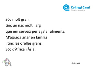 Sóc molt gran,
tinc un nas molt llarg
que em serveix per agafar aliments.
M’agrada anar en família
i tinc les orelles grans.
Sóc d’Àfrica i Àsia.

Gaizka O.

 