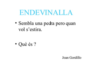 ENDEVINALLA Sembla una pedra pero quan vol s’estira.  Què és ? Joan Gordillo 
