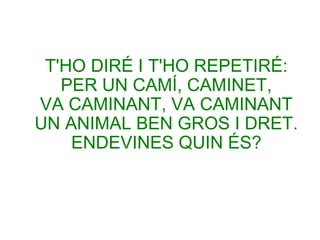 T'HO DIRÉ I T'HO REPETIRÉ:
PER UN CAMÍ, CAMINET,
VA CAMINANT, VA CAMINANT
UN ANIMAL BEN GROS I DRET.
ENDEVINES QUIN ÉS?

 