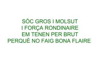 SÓC GROS I MOLSUT
I FORÇA RONDINAIRE
EM TENEN PER BRUT
PERQUÈ NO FAIG BONA FLAIRE

 
