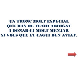 UN TRONC MOLT ESPECIAL
   QUE HAS DE TENIR ABRIGAT
    I DONAR-LI MOLT MENJAR
SI VOLS QUE ET CAGUI BEN AVIAT.
 