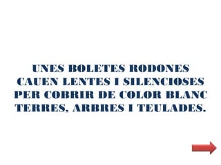 UNES BOLETES RODONES
CAUEN LENTES I SILENCIOSES
PER COBRIR DE COLOR BLANC
TERRES, ARBRES I TEULADES.
 