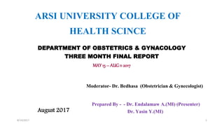 ARSI UNIVERSITY COLLEGE OF
HEALTH SCINCE
DEPARTMENT OF OBSTETRICS & GYNACOLOGY
THREE MONTH FINAL REPORT
MAY15 – AUG11 2017
Prepared By - - Dr. Endalamaw A.(MI) (Presenter)
Dr. Yasin Y.(MI)
Moderator- Dr. Bedhasa (Obstetrician & Gynecologist)
August 2017
8/14/2017 1
 