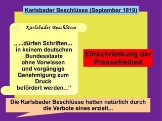 Die Karlsbader Beschlüsse hatten natürlich durch die Verbote eines erzielt... Einschränkung der Pressefreiheit Karlsbader Beschlüsse „  ...dürfen Schriften...  in keinem deutschen Bundesstaate  ohne Vorwissen  und vorgängige  Genehmigung zum  Druck  befördert werden...“ 