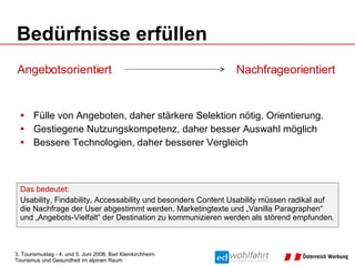 Bedürfnisse erfüllen Fülle von Angeboten, daher stärkere Selektion nötig. Orientierung. Gestiegene Nutzungskompetenz, daher besser Auswahl möglich Bessere Technologien, daher besserer Vergleich Angebotsorientiert Nachfrageorientiert Das bedeutet: Usability, Findability, Accessability und besonders Content Usability müssen radikal auf die Nachfrage der User abgestimmt werden. Marketingtexte und „Vanilla Paragraphen“ und „Angebots-Vielfalt“ der Destination zu kommunizieren werden als störend empfunden. 