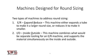 1212
Machines Designed for Round Sizing
Two types of machines to address round sizing:
1. E/R – Expand Reduce – This machine either expands a tube
to make it a larger round size, or reduces it to make it
smaller.
2. I/O – Inside Outside – This machine combines what would
be separate tooling for an E/R machine, and supports the
material simultaneously on the inside and outside.
 