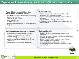 About BIDASS Industrial Services
Association, Thuvakudi, Trichy
• Non Profit association of Fabrication Engineering
& Manufacturing units
• Turnover: Rs. 50+ Crores
• No. of Members: 419
• No. Of Branches: 4
• No of Manufacturing Plants: 2 (Oxygen and Liquid
Oxygen)
Business Needs
• No real time information of Inventory, Sales and
Shipments from individual branches
• Manual and duplicate data leading to slow, inefficient
operations
• Inability to track & manage vehicle usage
• Difficulty in tracking and serving purchase indents from
400+ members
Solution from SAP & Endhai Innovations
• Implementation of SAP Business One ERP
• Development of web portal for Customer‟s
Purchase indents,
• Development of Custom Vehicle Tracking
system, Regulatory compliance reports such as
Annexure I & II
• Standardization of Item master & Inventory
Business Benefits
• ONE SAP System that connects all branches and
operations
• Members can make Purchase indents on Web-Portal and
BIDASS can serve faster
• Custom Vehicle Tracking system to track vehicles
usage, cost and runs it efficiency
• Items standardized, good Inventory visibility
• SAP reports / Business Intelligence to help to run the
business better
Experience: Improved supply chain and agility across ecosystem
Case Study 1: BIDASS, Thuvakudi ,Trichy
 