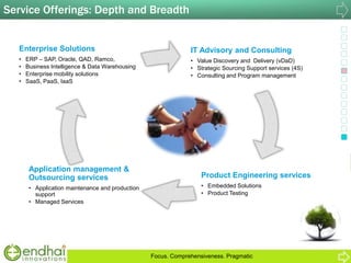 Service Offerings: Depth and Breadth
IT Advisory and Consulting
• Value Discovery and Delivery (vDaD)
• Strategic Sourcing Support services (4S)
• Consulting and Program management
Enterprise Solutions
• ERP – SAP, Oracle, QAD, Ramco,
• Business Intelligence & Data Warehousing
• Enterprise mobility solutions
• SaaS, PaaS, IaaS
Application management &
Outsourcing services
• Application maintenance and production
support
• Managed Services
Product Engineering services
• Embedded Solutions
• Product Testing
Focus. Comprehensiveness. Pragmatic
 