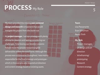 5
Team
LisaPassanante
EvanSchulman
PeonyTrinh
My Role
•	 Project  manager
•	 UIdesignandart
direction
•	 Wireframing/
prototyping
•	 Research
•	 Contentstrategy
Myteamprovidedthemissinguser-centered
designandresearchcomponentthatwould
instigatetheprojectfromtheinside-out.
Asprojectmanager,Isetupastrategywithplenty
oftimeforideationandtestingandstartedour
morningswithdailyscrums.Timeboxingour
iterationsessionshelped propelustowardtangible
deliverableswithinthetimeframe.Althoughthe
processwascollaborativethroughout,Iwasmainly
responsibleforthefinalUIdesignandprototype–
whichinthisscenarioalsorequiredartdirection
andcontentstrategybasedonexistingassets.
PROCESSMy Role
PEONY TRINH
 