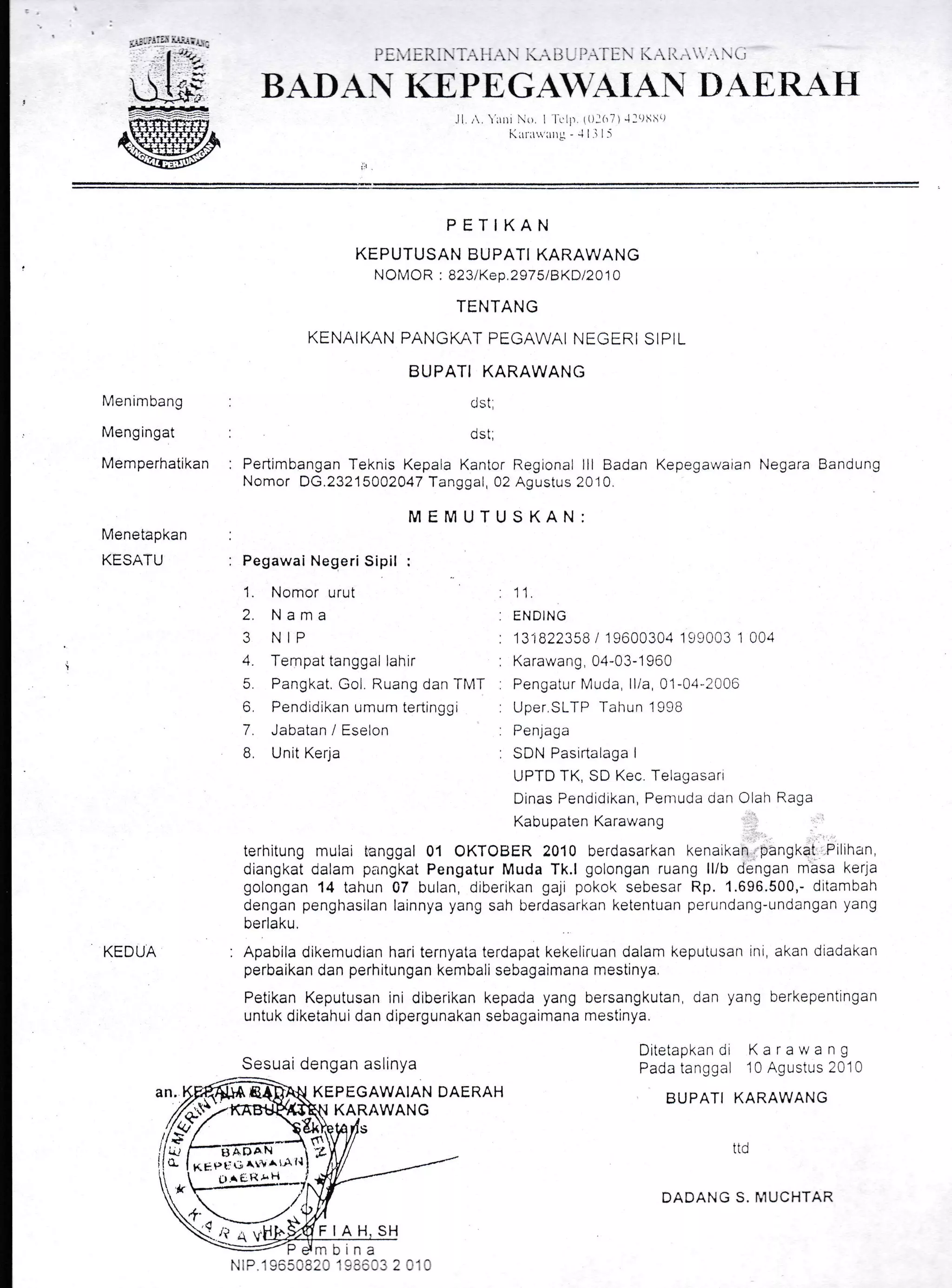 ,'-,..;;..^...:: .. ,.'.l'1 -. 1.l . ..r... .. . 
Menimbang
Mengingat
Memperhatikan
Menetapkan
KESATU
KEDUA
KEPEGAWAIAN DA
KARAWANG
FIAH
Ditetapkan di Ka rav/a n g
Pada tanggal 10 Agustus 20'10
BUPATI KARAWANG
ttd
DADANG S. MUCHTAR
BADAN I(E,PE, GAAIAN DAE,RA}I
.I L'. 'rrttt Lr. I lt ir r|-la,l)llrSf'l
I''.rt.r'.i.tl;* - -; l :
-'irfrlJ.r ir
PETIKAN
KEPUTUSAN BUPATI KARAWANG
NOMOR : 823/Kep.297 5tBKDt2010
TENTANG
KENAIKAN PANGMT PEGAWAI NEGERI SIPIL
BL'PATI KARAWANG
dst,
dst;
Pertimbangan Teknis Kepala Kantor Regional lll Badan Kepegawaian Negara Bandung
Nomor DG.23215A02047 Tanggal, 02 Agustus 2010.
MEMUTUSKAN:
Pegawai Negeri Sipil :
1. Nomor urut . 11,
2. Nama . ENDING
3 NIP :131822358/196003041990031004
4. Ternpat tanggal lahir : Karawang, 04-03-1960
5 Pangkat. Gol. Ruang dan TMT : Pengalur Muda, ll/a 01-04-2006
6 Pendidikan umum tertinggi : Uper.SLTP Tahun 1998
7. Jabatani Eselon :Penlaga
B. Unit Kerja : SDN Pasirtalaga I
UPTD TK, SD Kec. Telagasari
Dinas Pendidikan, Penruda dan Olah Raga
Kabupaten Karawang
terhitung mulai tanggal 01 OKTOBER 2010 berdasarkan kenaikan pangkat Pilihan
diangkat dalam p;rngkat Pengatur Muda Tk.l golongan ruang ll/b dengan masa keria
golongan 14 tahun 07 bulan, diberrkan gaji pokok sebesar Rp. 1.696.500,- ditambah
dengan penghasilan larnnya yang sah berdasarkan ketentuan perundang-undangan yang
berlaku
: Apabila dikemudian hari ternyata terdapat kekeliruan dalam keputusan ini, akan diadakan
perbaikan dan perhrtungan kembali sebagaimana mestinya,
Petikan Keputusan ini diberikan kepada yang bersangkutan dan yang berkepentingan
untuk diketahui dan dipergunakan sebagaimana mestinya.
Sesuai dengan aslinya
ffiq/S[-5766-"a
O- {KE *ti$,4&^lAll
  crAt-RrH
t*-.--'
__-
:i * vE!
mbina
ERAH
 