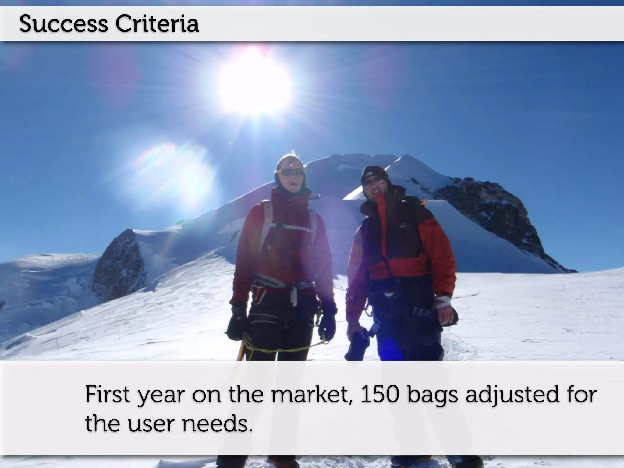 Success Criteria




     First year on the market, 150 bags adjusted for
     the user needs.
 