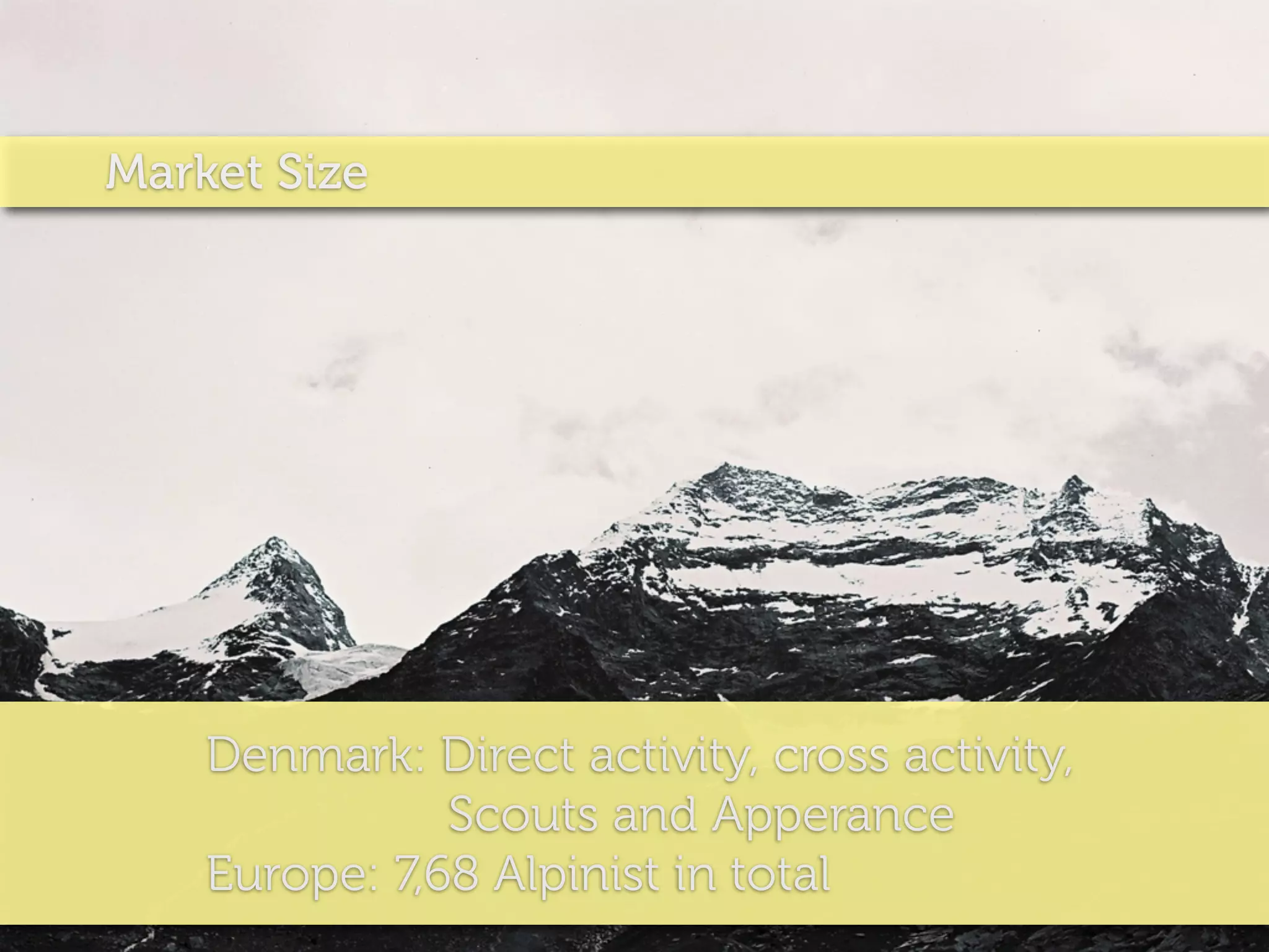 Market Size




    Denmark: Direct activity, cross activity,
               Scouts and Apperance
    Europe: 7,68 Alpinist in total
 