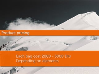 Product pricing




       Each bag cost 2000 - 3000 DKr
       Depending on elements
 