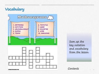 8|
Vocabulary
Sum up the
key notation
and vocabulary
from the lesson.
Contents
 