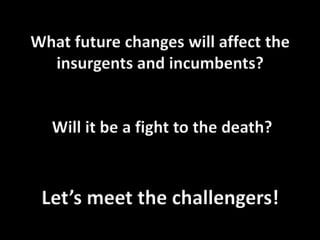 What future changes will affect the insurgents and incumbents? Will it be a fight to the death?Let’s meet the challengers! 