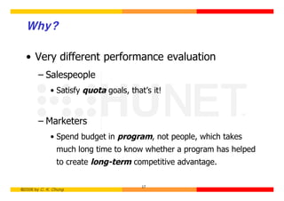 Why?

  • Very different performance evaluation
        – Salespeople
             • Satisfy quota goals, that’s it!


        – Marketers
             • Spend budget in program, not people, which takes
                much long time to know whether a program has helped
                to create long-term competitive advantage.

                                        17
©2006 by C. K. Chung
 