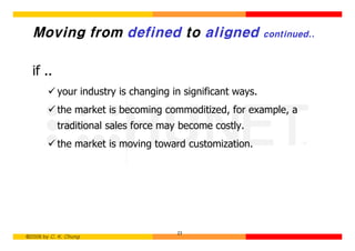Moving from defined to aligned                           continued..



  if ..
        ü your industry is changing in significant ways.
        ü the market is becoming commoditized, for example, a
           traditional sales force may become costly.
        ü the market is moving toward customization.




                                     23
©2006 by C. K. Chung
 