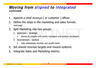 Moving from aligned to integrated
  continued..


  1. Appoint a chief revenue ( or customer ) officer.
  2. Define the steps in the marketing and sales funnels.
        nest page
  3. Split Marketing into two groups.
        ① Upstream : strategic
             •     shares its insights with senior managers and product developers
        ② Downstream : tactical
             •     help salespeople develop and qualify leads.
  4. Set shared revenue targets and reward systems.
  5. Integrate Sales and Marketing metrics.



                                                26
©2006 by C. K. Chung
 