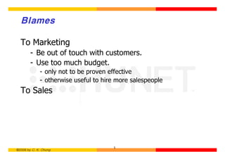 Blames

  To Marketing
        - Be out of touch with customers.
        - Use too much budget.
             - only not to be proven effective
             - otherwise useful to hire more salespeople
  To Sales




                                      5
©2006 by C. K. Chung
 